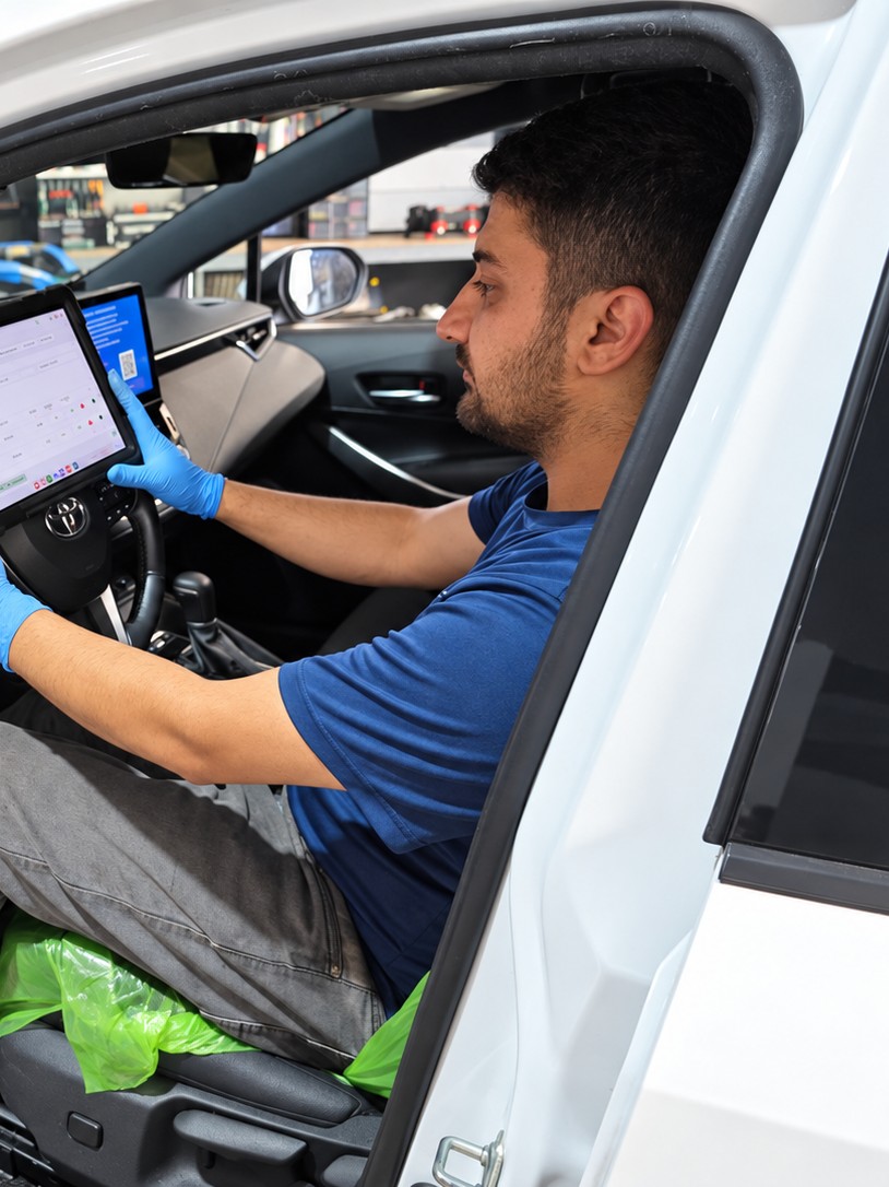 Mechaniker von M&S Autoprofi in Hofheim liest mit dem Diagnosegerät den Fehlerspeicher eines Fahrzeugs aus